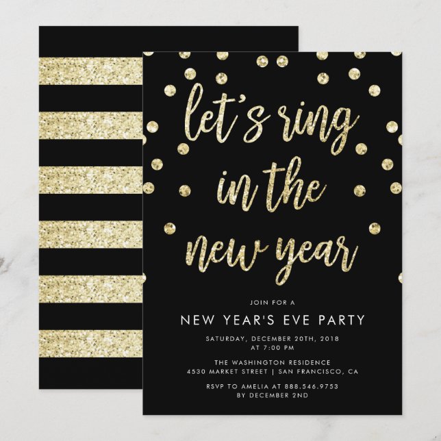 Gold Glitter Let's Ring In The New Year Invitation (Front/Back)