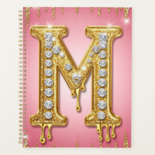 Gold Glitter Letter M With Diamonds Planner