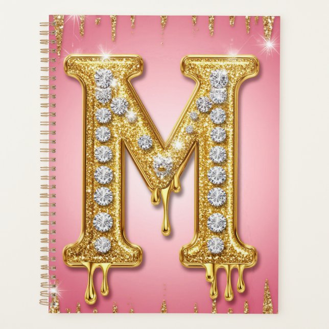 Gold Glitter Letter M With Diamonds Planner (Front)