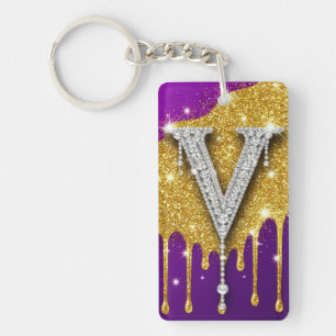 Gold Glitter Letter V Custom Initial Keychain Gift