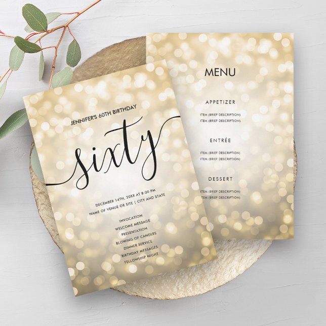 Gold Glitter Lights 60th Birthday Menu Program (Gold Glitter Lights 60th Birthday Menu Program)