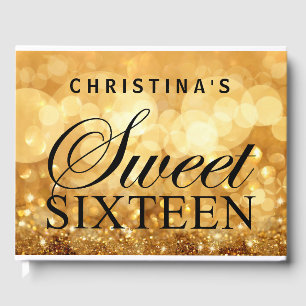 Gold Glitter Lights Sweet 16 Custom Guest Book