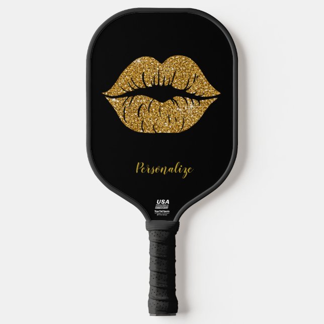 Gold Glitter Lip Glam Sparkle Trendy Official USA Pickleball Paddle (Front)