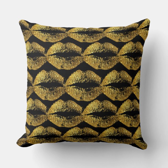 Gold Glitter Lips #2 Throw Pillow (Front)