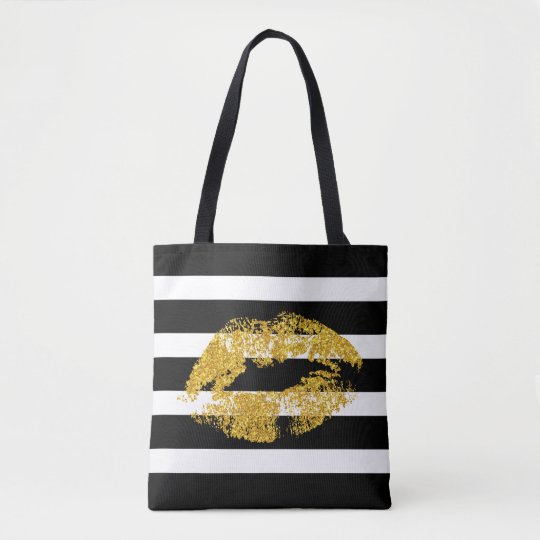 Gold Glitter Lips And Black White Stripes Tote Bag