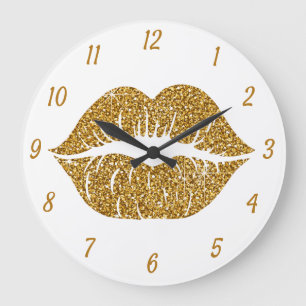 Gold Glitter Lips Glam Sparkle Girlie  Large Clock
