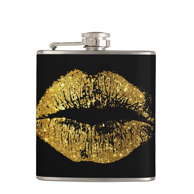 Gold Glitter Lips Hip Flask (Front)