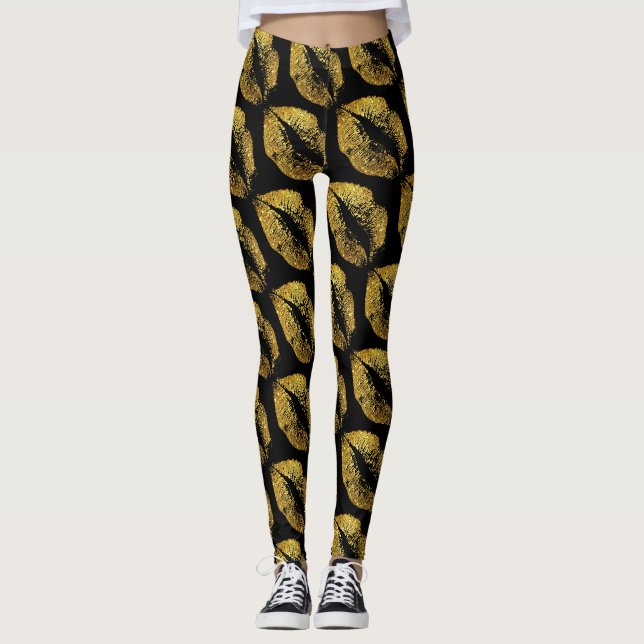 Gold Glitter Lips Modern Black Leggings (Front)