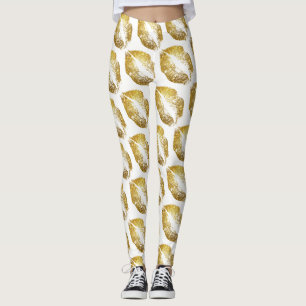 Gold Glitter Lips Modern White Leggings