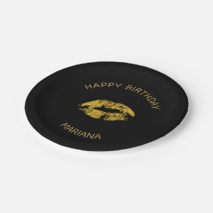 Gold Glitter Lips Over Black Background Paper Plate