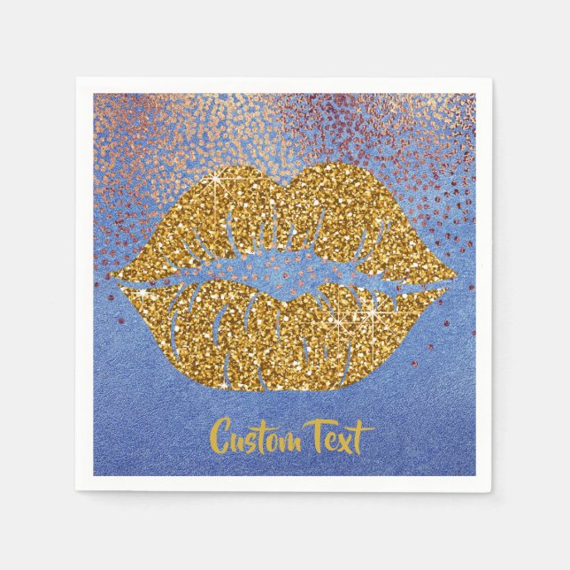 Gold Glitter Lips Sparkle Girly Glam Personalized Napkin (Front)