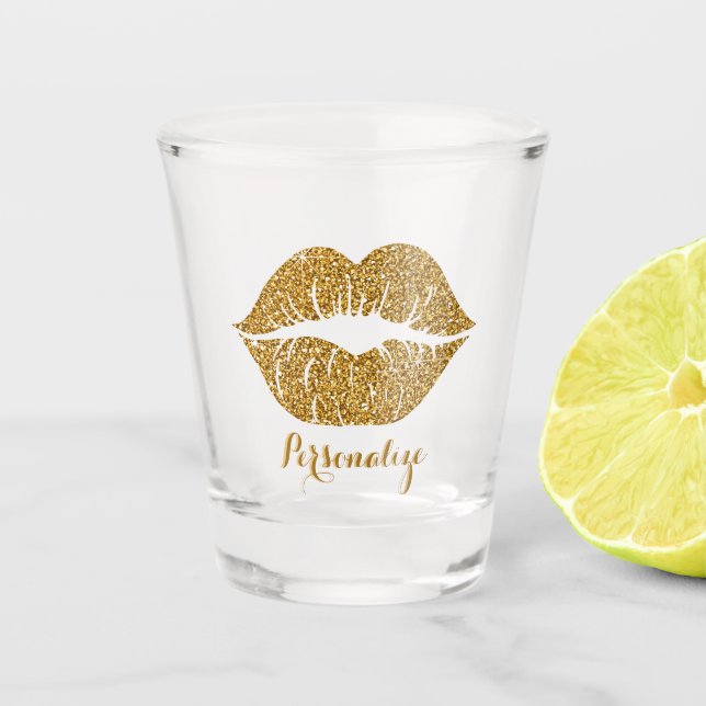 Gold Glitter Lips Sparkle Glam Personalized Shot Glass (Front)