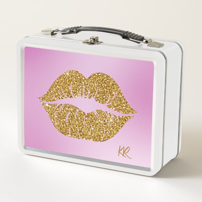 Gold Glitter Lips Sparkle Pink BG Initials Metal Lunch Box (Front)