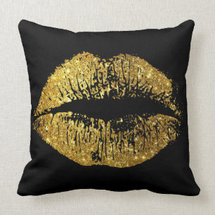 Gold Glitter Lips Throw Pillow