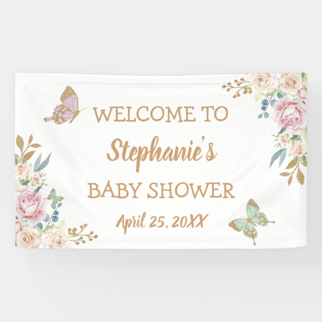 Gold Glitter Little Butterfly Baby Shower Backdrop Banner (Horizontal)