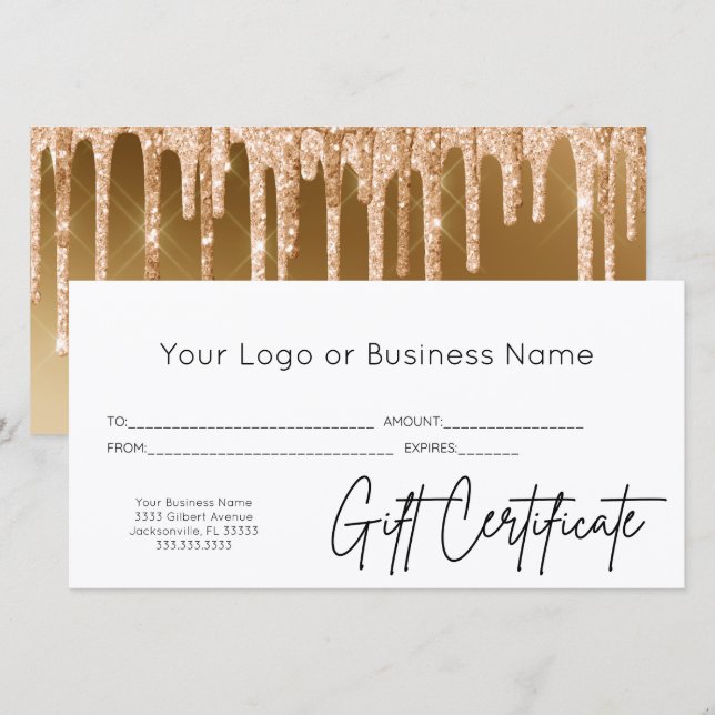 Gold Glitter Logo Script Business Gift Certificate (Front/Back)