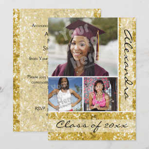 Gold Glitter-Look 3 Photo Graduation Invitation