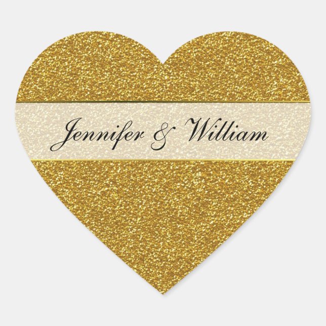 Gold Glitter Look Heart Wedding Sticker (Front)