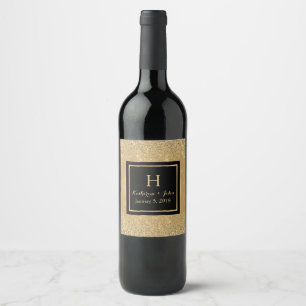 Gold Glitter Look Monogrammed Wedding Wine Label