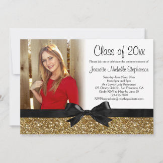 Gold Glitter-look Ribbon Bow Photo Graduation Invitation