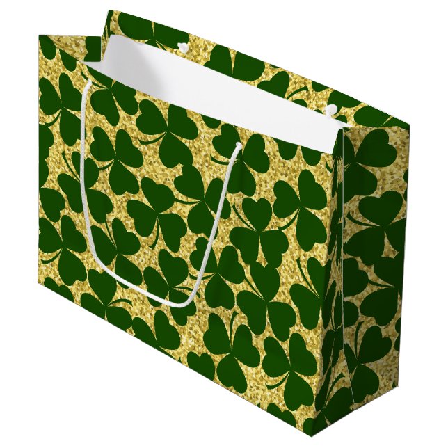 GOLD GLITTER LOOK WITH IRISH SHAMROCKS LARGE GIFT BAG (Front Angled)