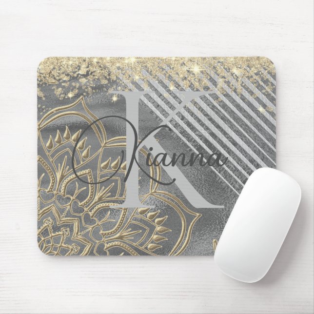 Gold Glitter Lotus Mandala Monogram Mouse Pad (With Mouse)