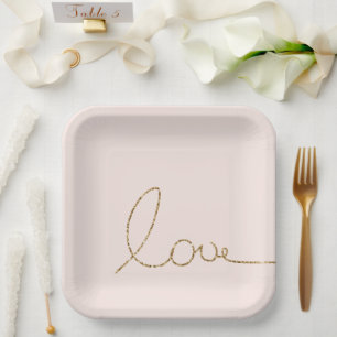 Gold Glitter Love Blush Pink Shell Paper Plate