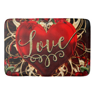 Gold Glitter Love Heart & Red Roses Romantic Bath Mat