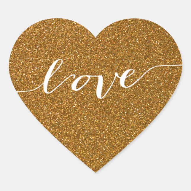 Gold Glitter Love Heart Wedding Favour Sticker (Front)