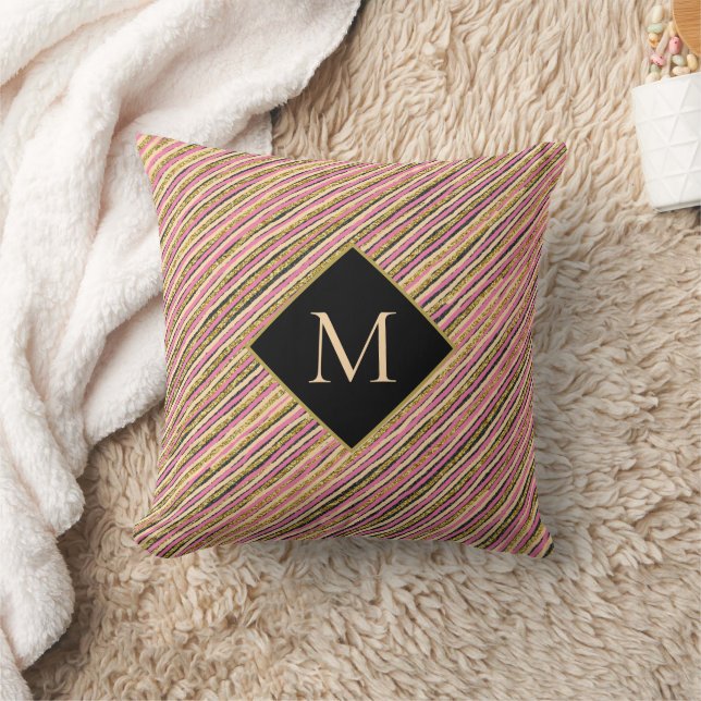 Gold Glitter Luxury Monogram Stripes Throw Pillow (Blanket)