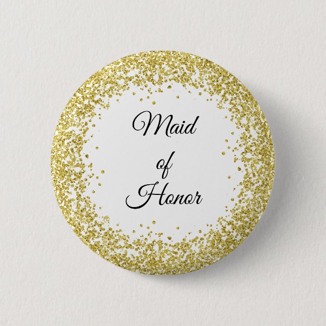 Gold Glitter. Maid of Honour. 2 Inch Round Button (Front)