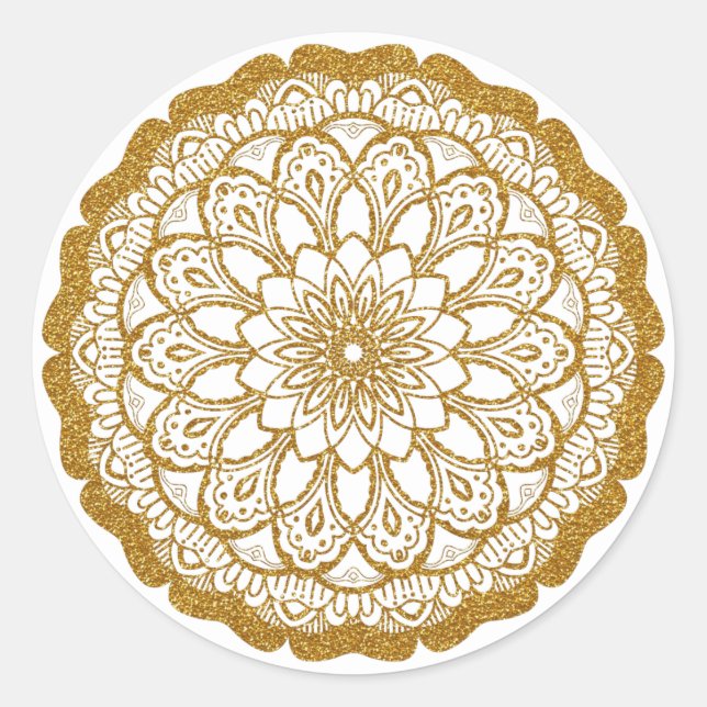Gold Glitter Mandala Classic Round Sticker (Front)