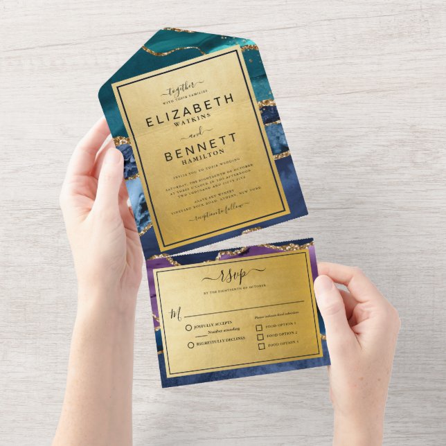 Gold Glitter Marble Agate Wedding All In One Invitation (Tearaway)
