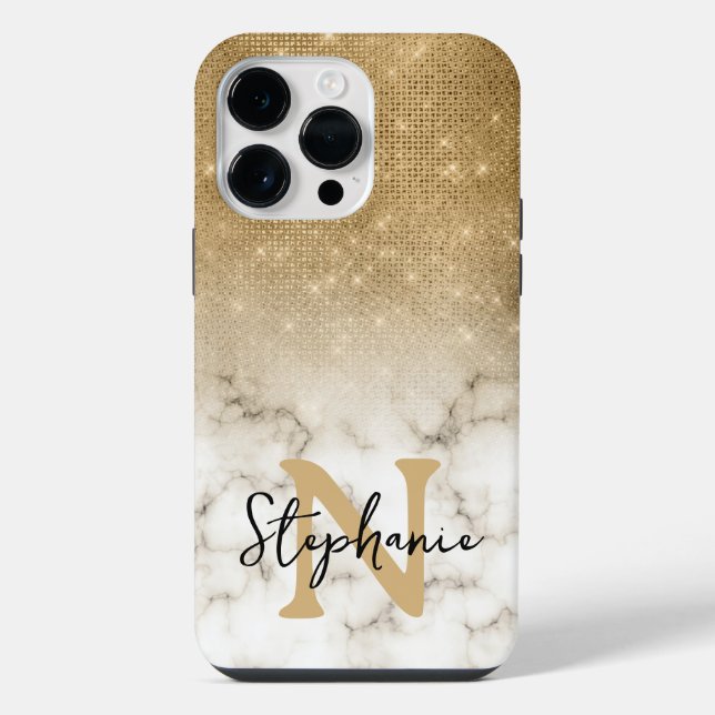 Gold Glitter Marble Ombre Monogram iPhone Case (Back)