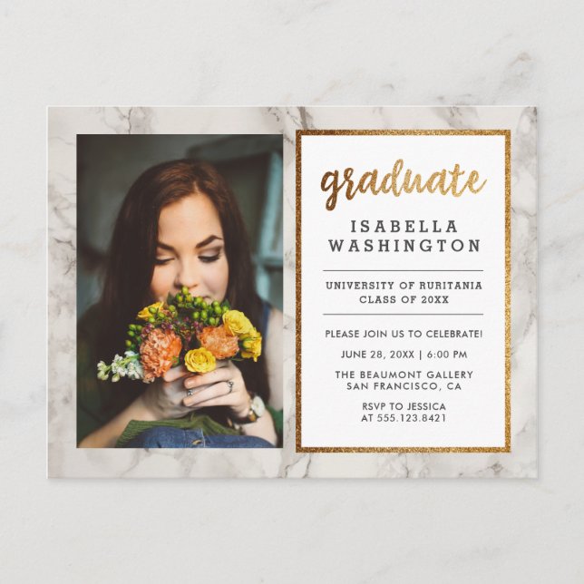Gold Glitter & Marble Photo Graduation Party Invitation Postcard (Front)