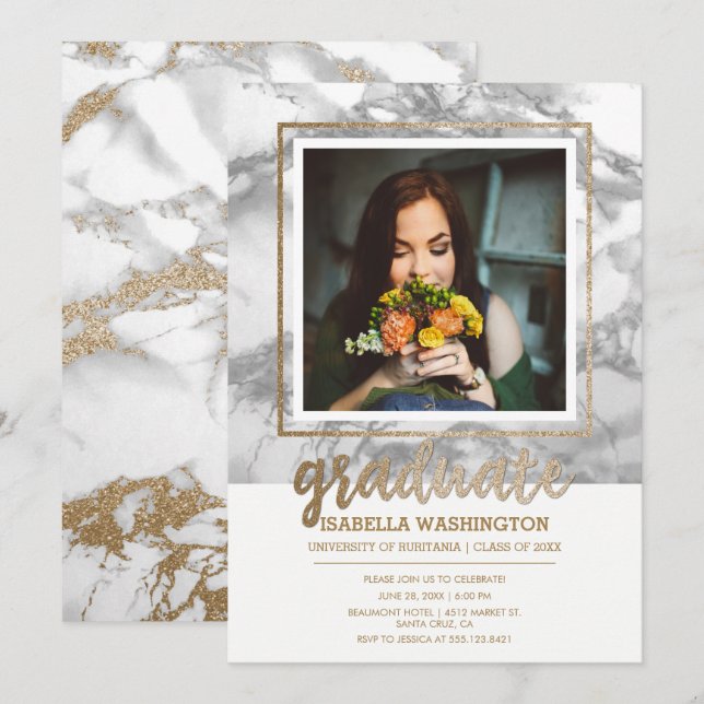 Gold Glitter Marble Script Photo Graduation Party Invitation (Front/Back)