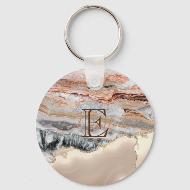 Gold Glitter Marble Stone Monogram Keychain (Front)
