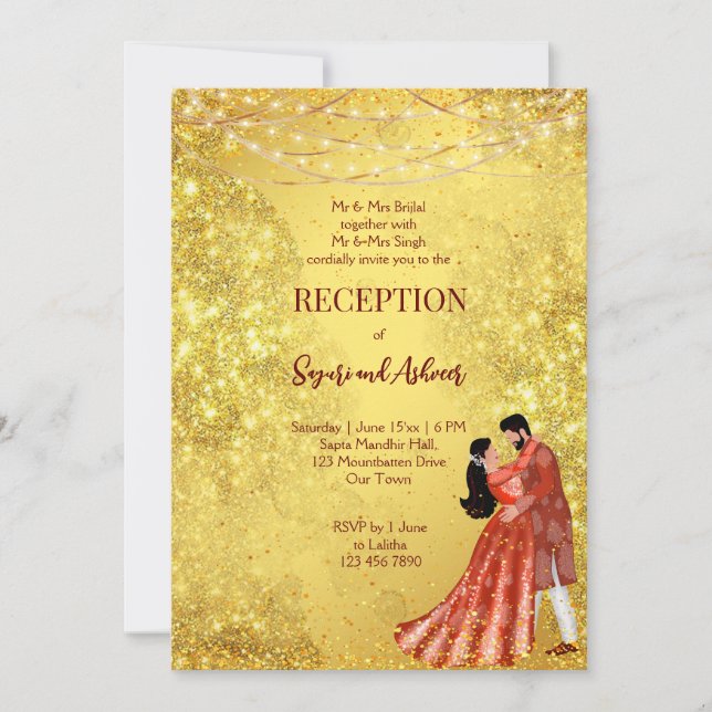 Gold glitter maroon dancing couple reception invitation (Front)