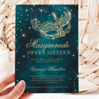 gold glitter masquerade mask teal green Sweet 16