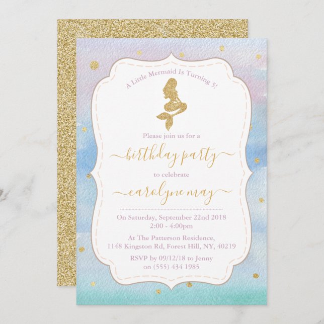 Gold Glitter Mermaid Birthday Party Invitation (Front/Back)