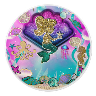 Gold Glitter Mermaid Holding Starfish Cute Bedroom Ceramic Knob