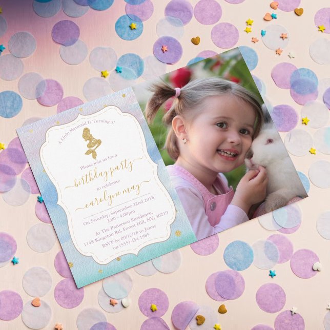 Gold Glitter Mermaid Photo Any Age Birthday Invitation (Creator Uploaded)