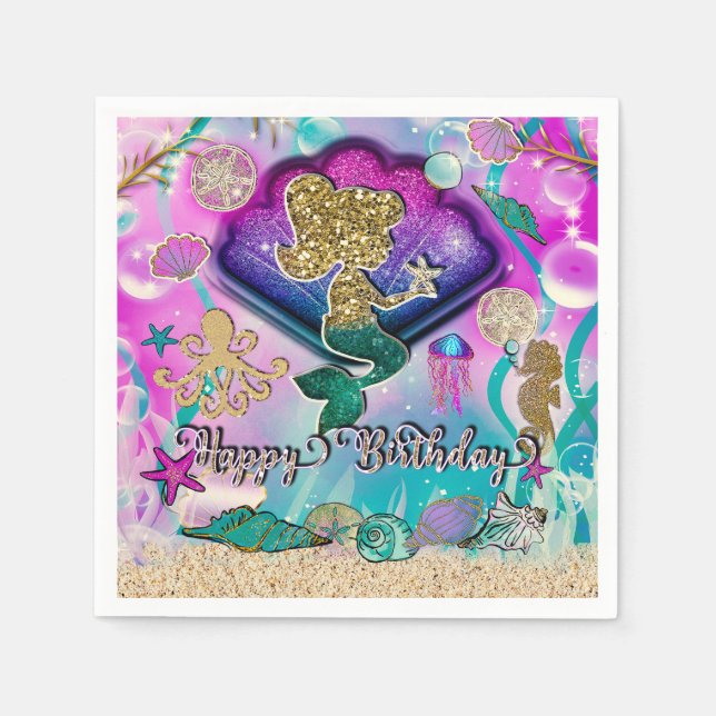 Gold glitter Mermaid & Shells Under the Sea Party Napkin (Front)