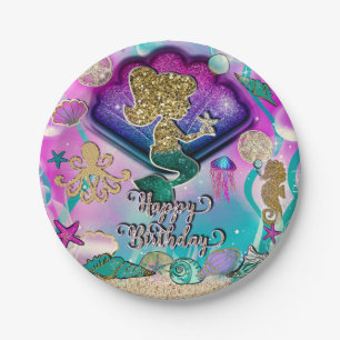 Gold glitter Mermaid & Shells Under the Sea Party Paper Plate
