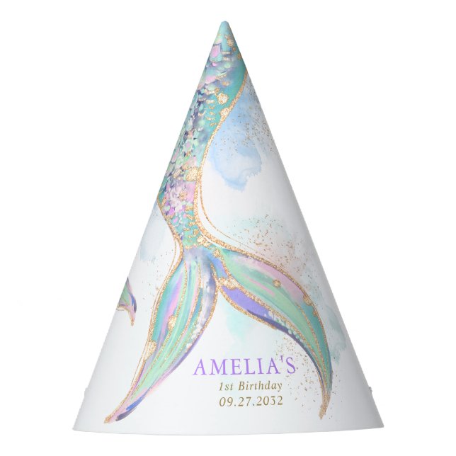 Gold Glitter Mermaid Tail Under the Sea Birthday Party Hat (Front)