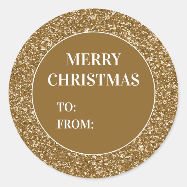 Gold Glitter Merry Christmas Holiday To From Classic Round Sticker (Front)