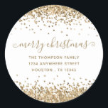 Gold Glitter Merry Christmas Name Return Address Classic Round Sticker<br><div class="desc">Gold Glitter Merry Christmas Name Return Address. Easily personalise the text.</div>