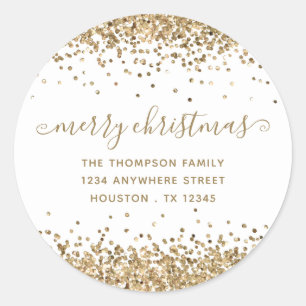 Gold Glitter Merry Christmas Name Return Address Classic Round Sticker