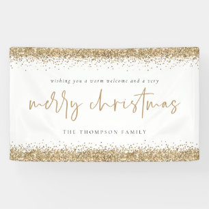 Gold Glitter Merry Christmas Name White Banner
