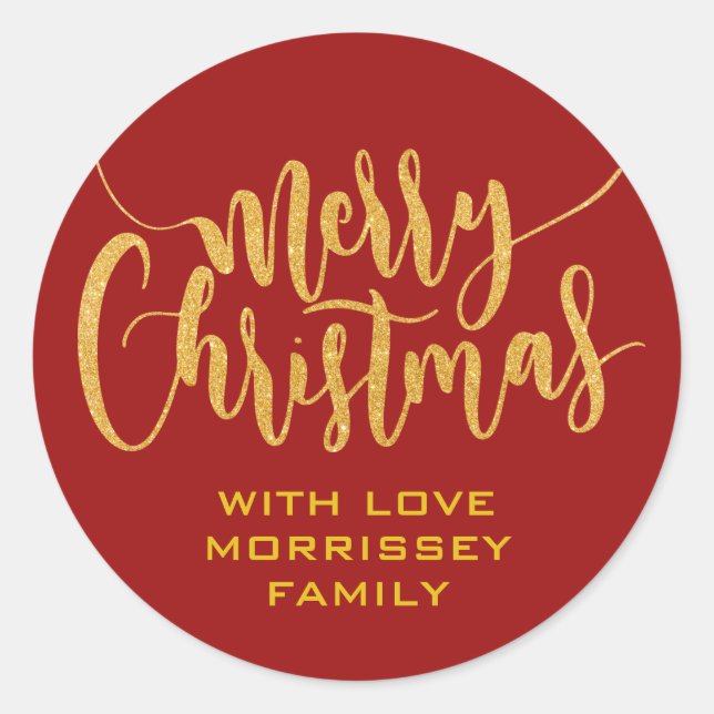 Gold Glitter Merry Christmas Personalized Red Classic Round Sticker (Front)